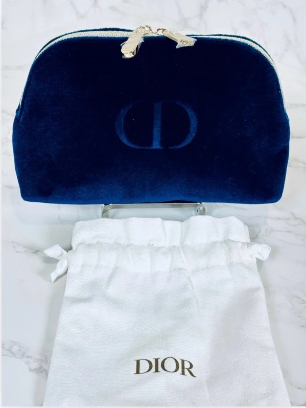 DIOR Navy Blue Velvet Makeup Pouch w/Dust Bag, NWOT